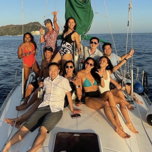 group of people at birthday sailing trip at Diamond head Honolulu